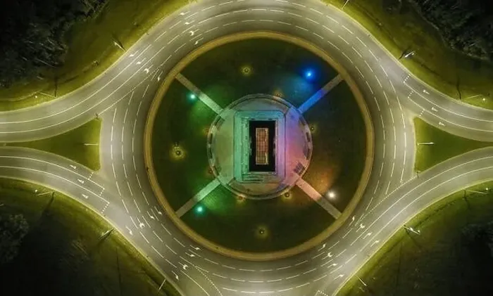 Framed Print : Colorful roundabout road at night time above top view Framed Print : Colorful roundabout road at night time above top view