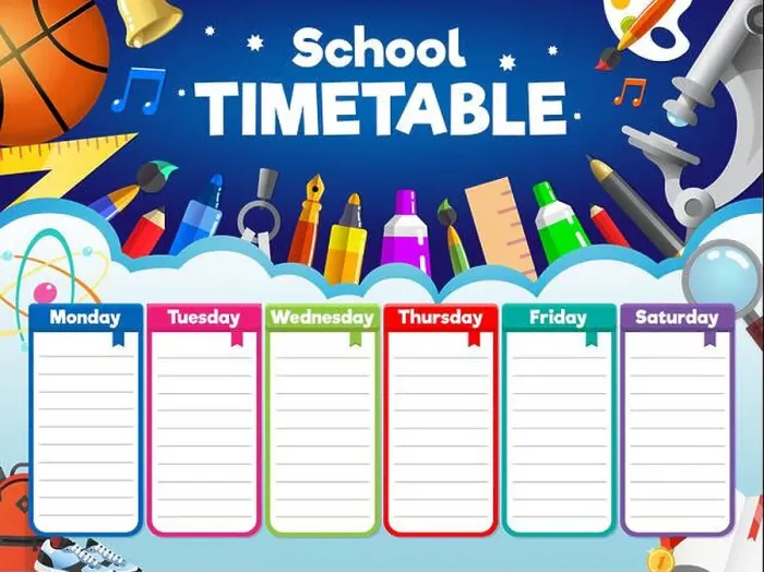 Framed Print : Colorful school timetable, weekly schedule with supplies and student items Framed Print : Colorful school timetable, weekly schedule with supplies and student items
