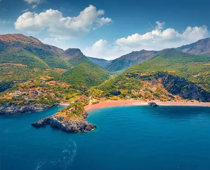 Framed Print : Colorful summer view from flying drone of Limnionas beach Framed Print : Colorful summer view from flying drone of Limnionas beach
