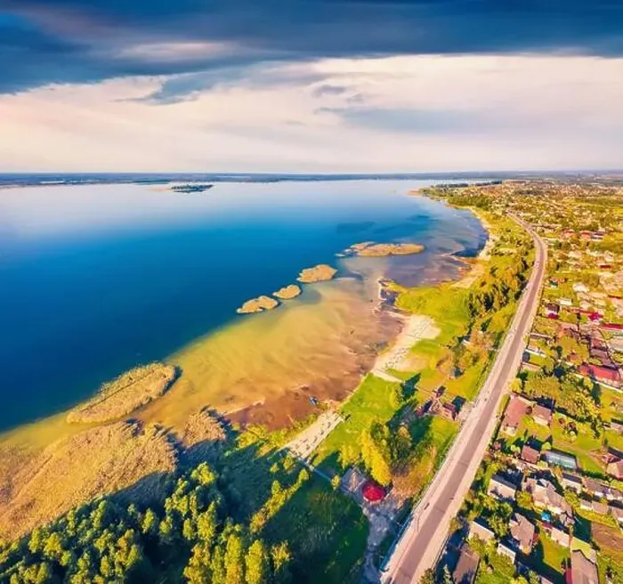 Framed Print : Colorful summer view from flying drone of Svityaz Lake Framed Print : Colorful summer view from flying drone of Svityaz Lake