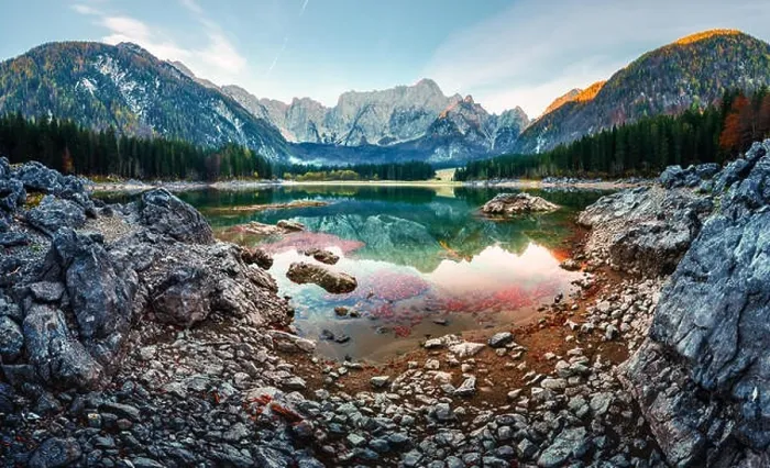 Framed Print : Colorful sunrise on Fusine lake. Picturesque autumn scene with Mangart peak on background. Julian Alps, Udine Province, Italy Framed Print : Colorful sunrise on Fusine lake. Picturesque autumn scene with Mangart peak on background. Julian Alps, Udine Province, Italy