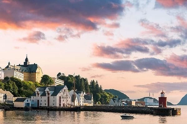 Colorful sunset in Alesund port town