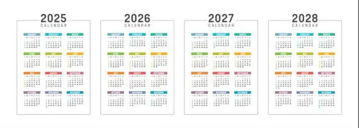 Framed Print : Colorful USA calendar set, year 2025 2026 2027 2028 planner, white background english language