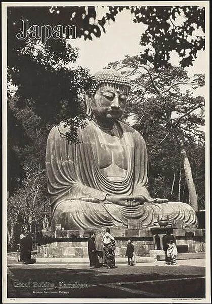 Colorful vintage Japanese Government Railways black and white travel poster of the Great Buddha sculpture in Kamakura, Japan