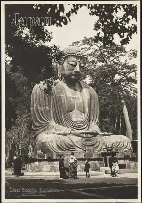Framed Print : Colorful vintage Japanese Government Railways black and white travel poster of the Great Buddha sculpture in Kamakura, Japan Framed Print : Colorful vintage Japanese Government Railways black and white travel poster of the Great Buddha sculpture in Kamakura, Japan