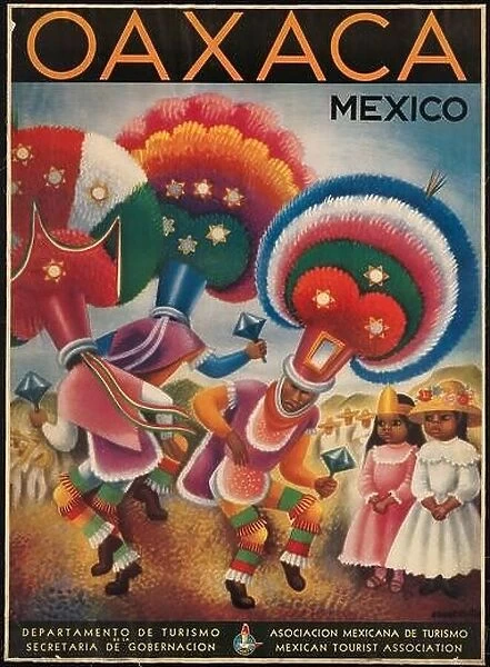 Colorful vintage travel poster of Oaxaca, Mexico, showing dancers at a Mexican fiesta