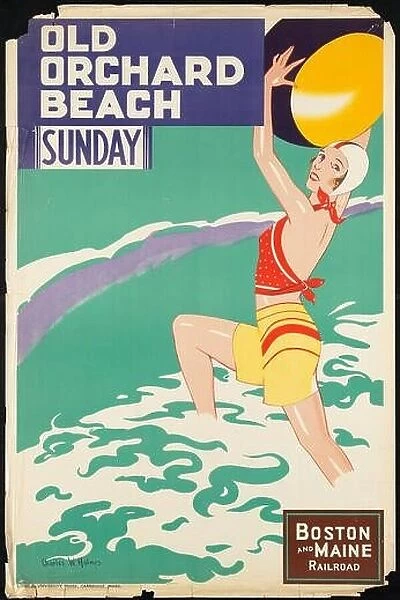 Colorful vintage travel poster of Old Orchard Beach, Maine, USA