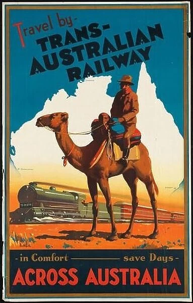 Colorful vintage travel poster of Trans-Australian Railway, Australia
