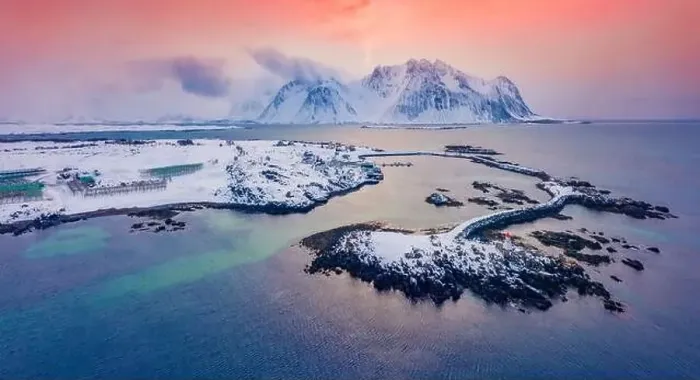Framed Print : Colorful winter view from flying drone of small fishing village - Hovsund Framed Print : Colorful winter view from flying drone of small fishing village - Hovsund