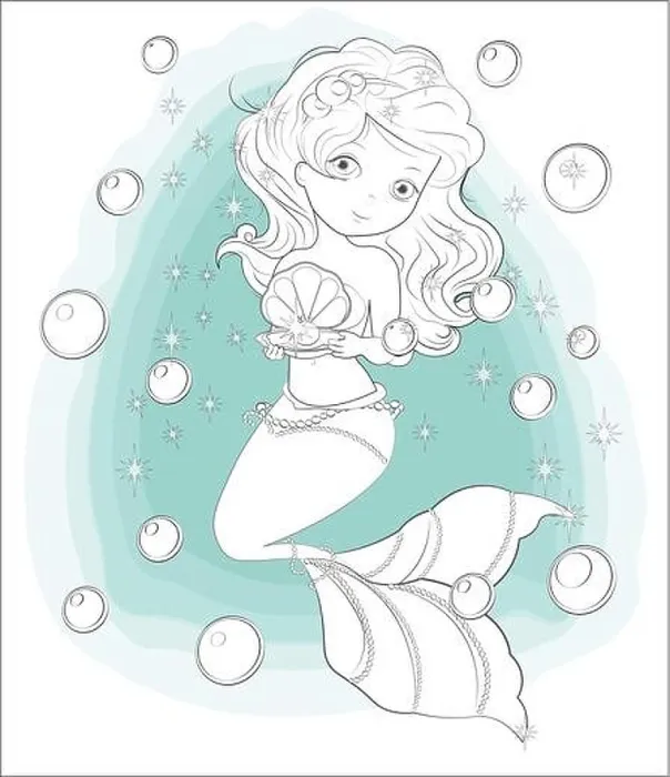 Framed Print : coloring book. beautiful, charming little mermaid princess with gift. The picture in hand drawing style, Happy birthday card Framed Print : coloring book. beautiful, charming little mermaid princess with gift. The picture in hand drawing style, Happy birthday card