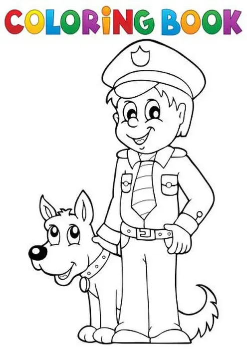 Framed Print : Coloring book policeman with guard dog Framed Print : Coloring book policeman with guard dog