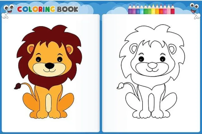 Framed Print : Coloring page cute lion with colorful sample printable worksheet for preschool / kindergarten kids to improve basic Framed Print : Coloring page cute lion with colorful sample printable worksheet for preschool / kindergarten kids to improve basic