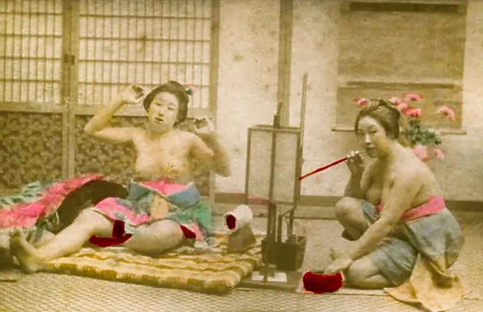 Framed Print : Colorized photo of two semi nude Japanese girls, circa 1870 Framed Print : Colorized photo of two semi nude Japanese girls, circa 1870