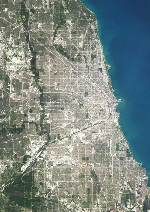 Framed Print : Colour satellite image of Chicago, Illinois, USA. Image taken on August 15, 2014 with Landsat 8 data Framed Print : Colour satellite image of Chicago, Illinois, USA. Image taken on August 15, 2014 with Landsat 8 data