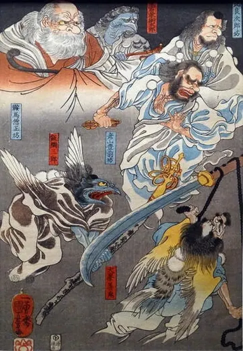 Framed Print : Colour woodblock triptych titled The Eight Great Tengu subduing Benkei by Utagawa Kuniyoshi (1797-1861) Framed Print : Colour woodblock triptych titled The Eight Great Tengu subduing Benkei by Utagawa Kuniyoshi (1797-1861)