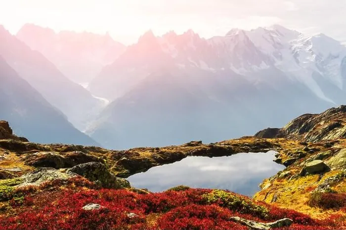 Framed Print : Colourful autumn landscape with Chesery lake (Lac De Cheserys) and snowy Monte Bianco mountains range on background