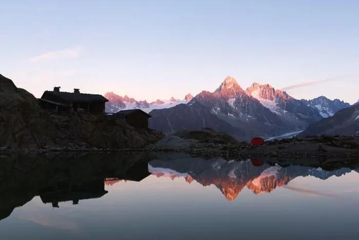Framed Print : Colourful sunset on Lac Blanc lake in France Alps. Monte Bianco mountain range on background Framed Print : Colourful sunset on Lac Blanc lake in France Alps. Monte Bianco mountain range on background