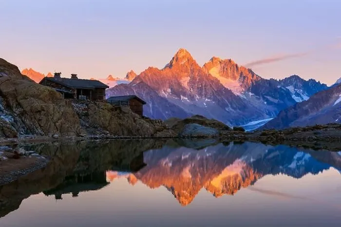 Framed Print : Colourful sunset on Lac Blanc lake in France Alps. Monte Bianco mountain range on background Framed Print : Colourful sunset on Lac Blanc lake in France Alps. Monte Bianco mountain range on background