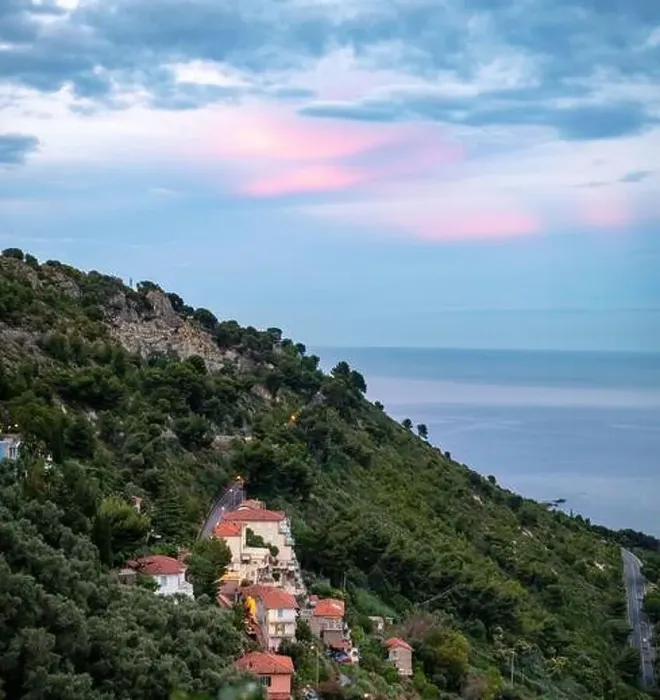 Framed Print : Colourful view on Italian Riviera and blue Mediterranean Sea from French-Italian border in Grimaldi village Framed Print : Colourful view on Italian Riviera and blue Mediterranean Sea from French-Italian border in Grimaldi village