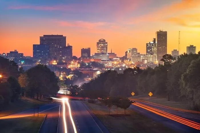 Framed Print : Columbia, South Carolina, USA downtown city skyline from above roadways at dawn