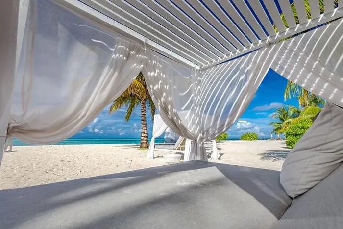 Framed Print : Comfortable lounge canopy on VIP beach seascape. Design of tourism for summer vacation holiday destination concept. Beach canopy, luxury landscape Framed Print : Comfortable lounge canopy on VIP beach seascape. Design of tourism for summer vacation holiday destination concept. Beach canopy, luxury landscape