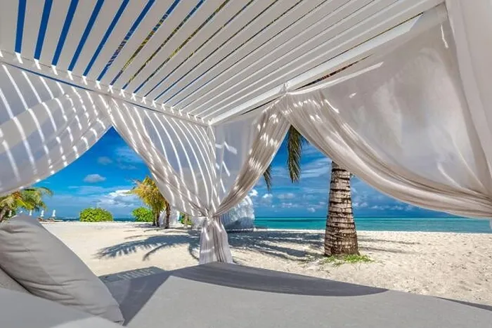 Framed Print : Comfortable lounge canopy on VIP beach seascape. Design of tourism for summer vacation holiday destination concept. Beach canopy, luxury landscape Framed Print : Comfortable lounge canopy on VIP beach seascape. Design of tourism for summer vacation holiday destination concept. Beach canopy, luxury landscape