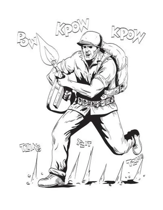 Framed Print : Comics style drawing or illustration of a World War Two American GI soldier with rifle running towards front Framed Print : Comics style drawing or illustration of a World War Two American GI soldier with rifle running towards front