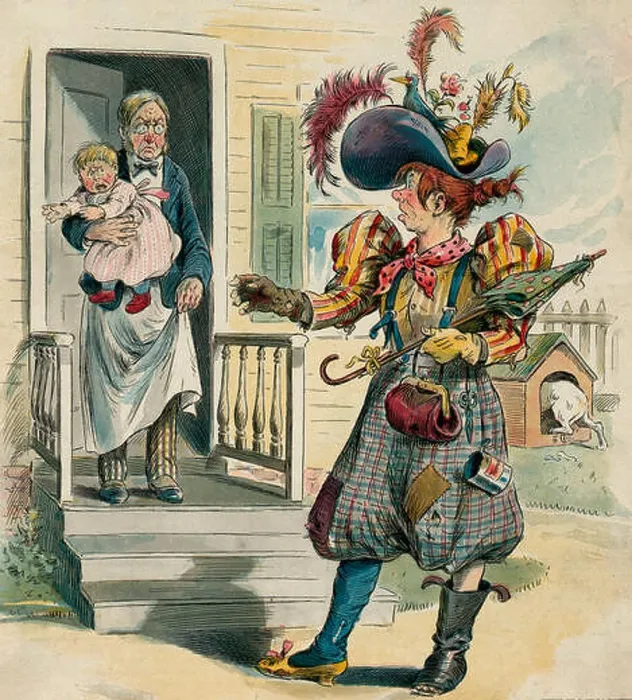 Framed Print : The Coming Woman - shabbily dressed woman addressing a man who is wearing an apron