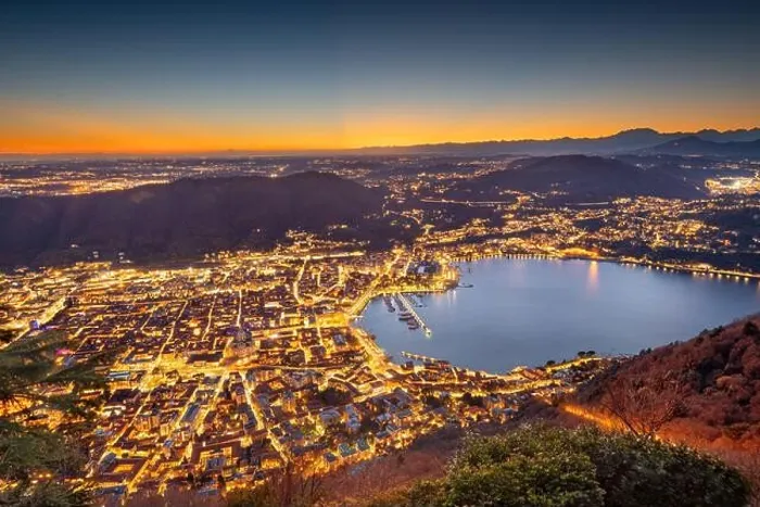 Framed Print : Como, Italy Cityscape from above at dusk Framed Print : Como, Italy Cityscape from above at dusk