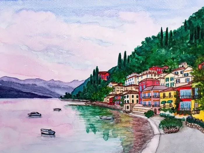 Framed Print : Como lake in Italy, Watercolor painting Framed Print : Como lake in Italy, Watercolor painting