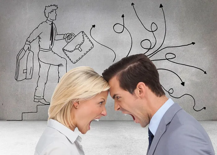Framed Print : Composite image of colleagues quarreling head against head Framed Print : Composite image of colleagues quarreling head against head