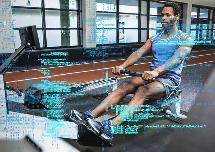 Framed Print : Composite image of data processing against african american fit man working out at the gym Framed Print : Composite image of data processing against african american fit man working out at the gym