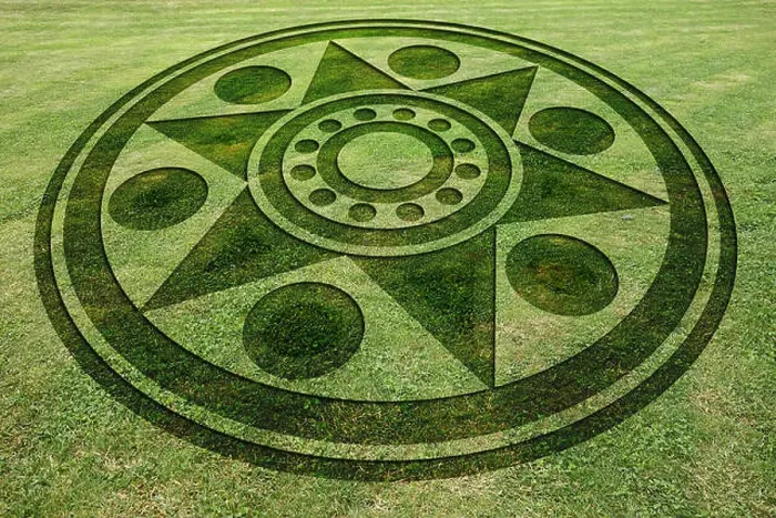 Framed Print : Concentric circles and star fake crop circle in the meadow Framed Print : Concentric circles and star fake crop circle in the meadow