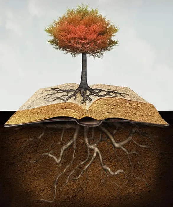 Framed Print : Conceptual image representing a rooted tree above an open book with roots in the underground Framed Print : Conceptual image representing a rooted tree above an open book with roots in the underground