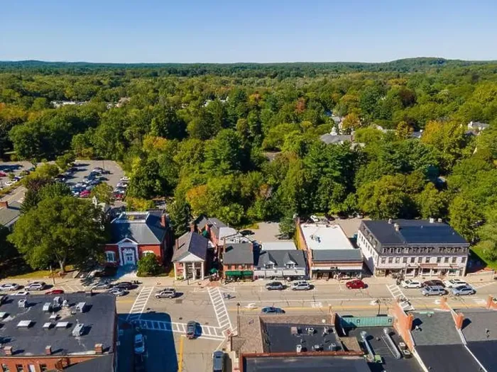 Framed Print : Concord historic town center aerial view in summer on Main Street in town of Concord, Massachusetts MA, USA