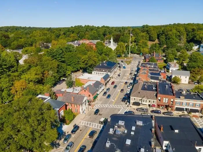 Framed Print : Concord historic town center aerial view in summer on Main Street in town of Concord, Massachusetts MA, USA