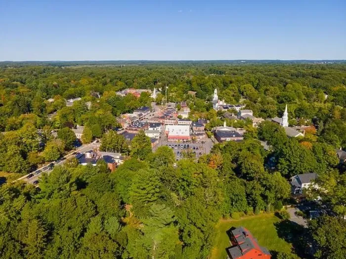 Framed Print : Concord historic town center aerial view in summer on Main Street in town of Concord, Massachusetts MA, USA