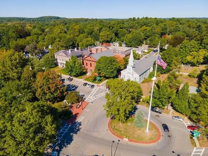 Framed Print : Concord Monument Square aerial view including Holy Family Parish Church Framed Print : Concord Monument Square aerial view including Holy Family Parish Church