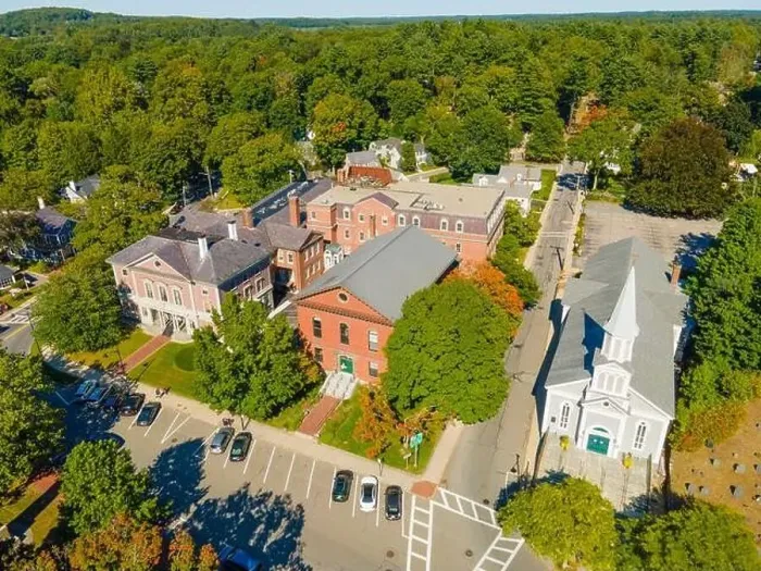 Framed Print : Concord Monument Square aerial view including Holy Family Parish Church Framed Print : Concord Monument Square aerial view including Holy Family Parish Church
