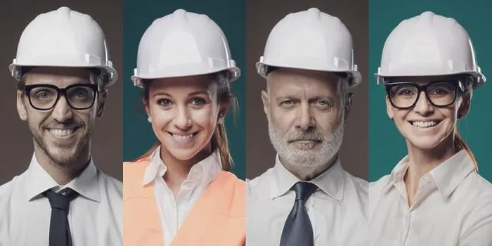 Framed Print : Confident workers wearing safety helmets and smiling at camera, photo collage Framed Print : Confident workers wearing safety helmets and smiling at camera, photo collage