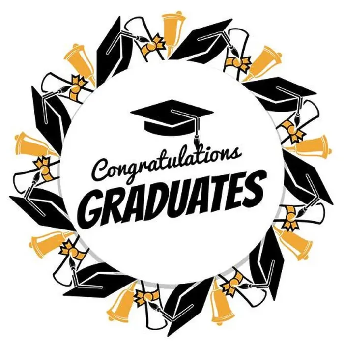 Framed Print : Congrats graduates round banner with students accessorises Framed Print : Congrats graduates round banner with students accessorises