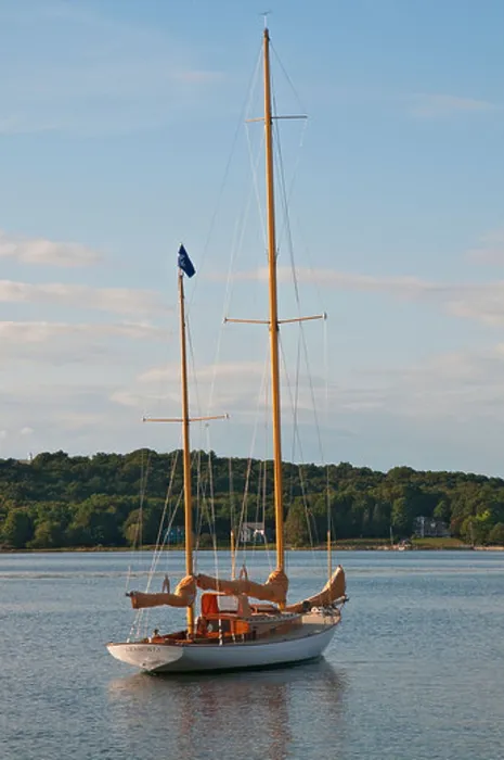 Framed Print : Connecticut Mystic River wooden classic sailboat Araminta - Herreshoff Auxiliary Ketch built 1954 on mooring Framed Print : Connecticut Mystic River wooden classic sailboat Araminta - Herreshoff Auxiliary Ketch built 1954 on mooring