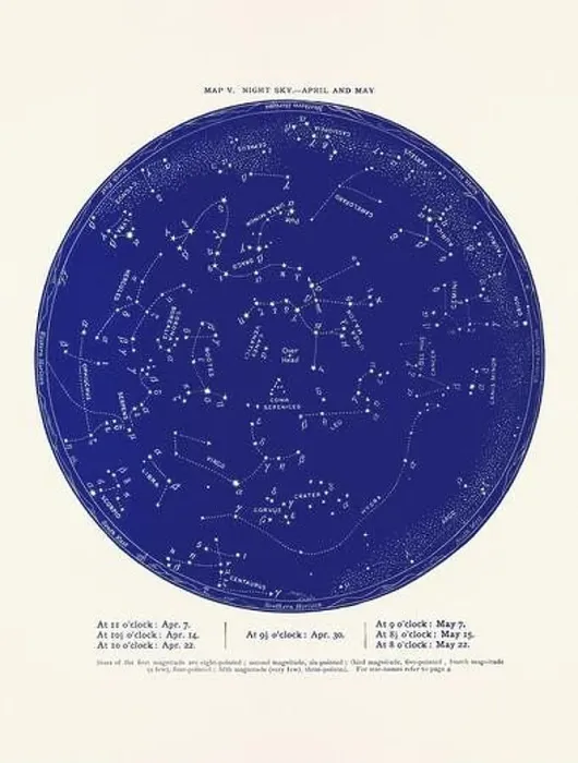 Framed Print : Constellations and Stars. Night Sky Map: April and May Framed Print : Constellations and Stars. Night Sky Map: April and May