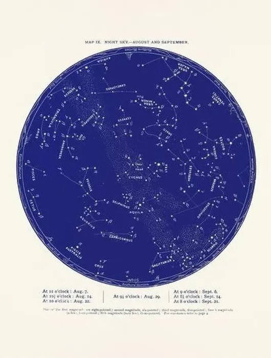 Framed Print : Constellations and Stars. Night Sky Map: August and September Framed Print : Constellations and Stars. Night Sky Map: August and September