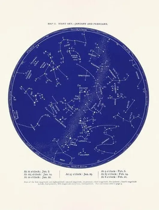 Framed Print : Constellations and Stars. Night Sky Map: January and February Framed Print : Constellations and Stars. Night Sky Map: January and February