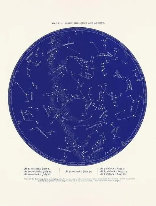 Framed Print : Constellations and Stars. Night Sky Map: July and August Framed Print : Constellations and Stars. Night Sky Map: July and August