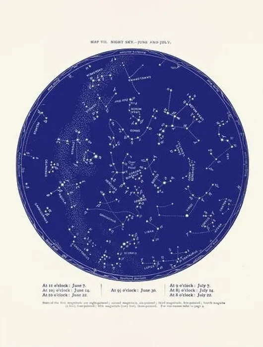 Framed Print : Constellations and Stars. Night Sky Map: June and July Framed Print : Constellations and Stars. Night Sky Map: June and July