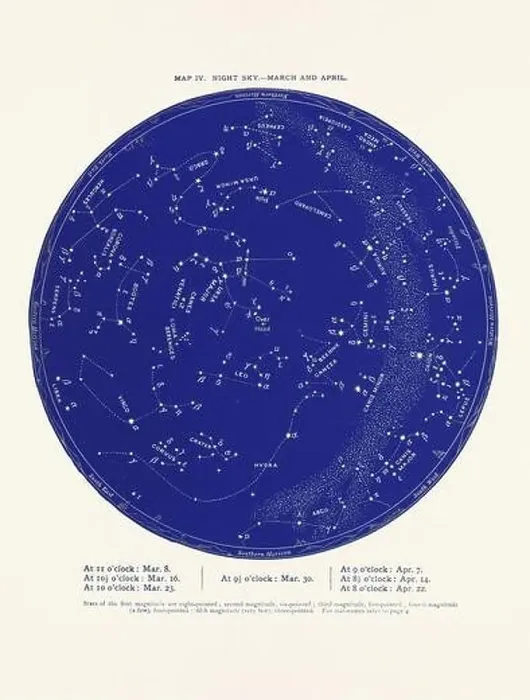 Framed Print : Constellations and Stars. Night Sky Map: March and April Framed Print : Constellations and Stars. Night Sky Map: March and April