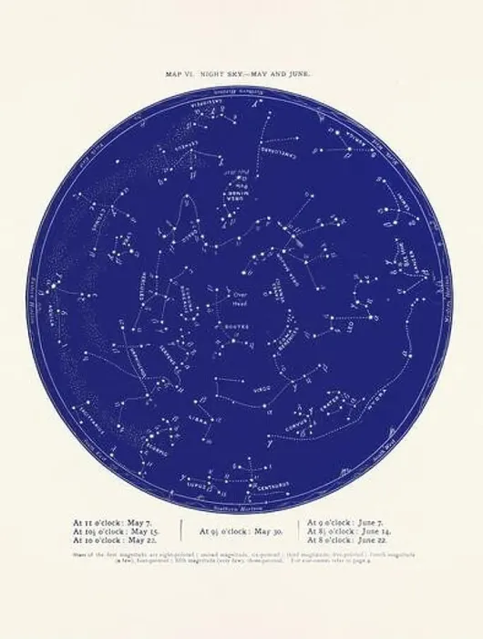 Framed Print : Constellations and Stars. Night Sky Map: May and June Framed Print : Constellations and Stars. Night Sky Map: May and June