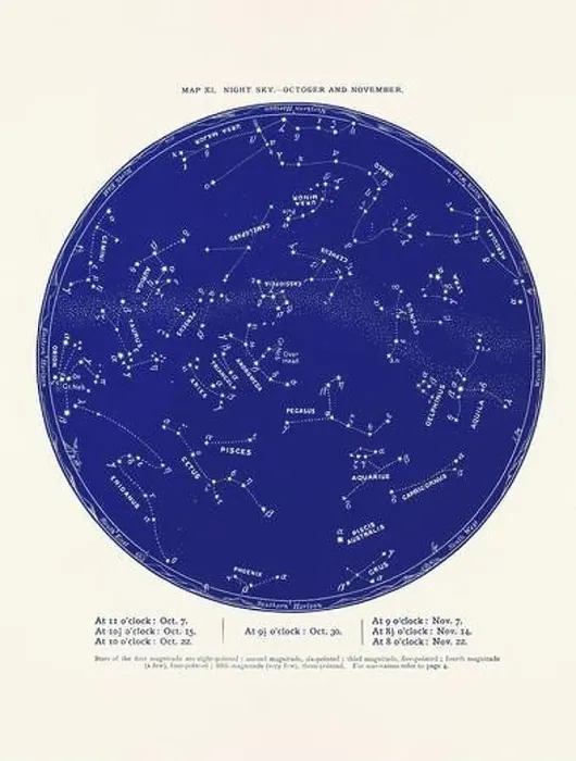 Framed Print : Constellations and Stars. Night Sky Map: October and November Framed Print : Constellations and Stars. Night Sky Map: October and November